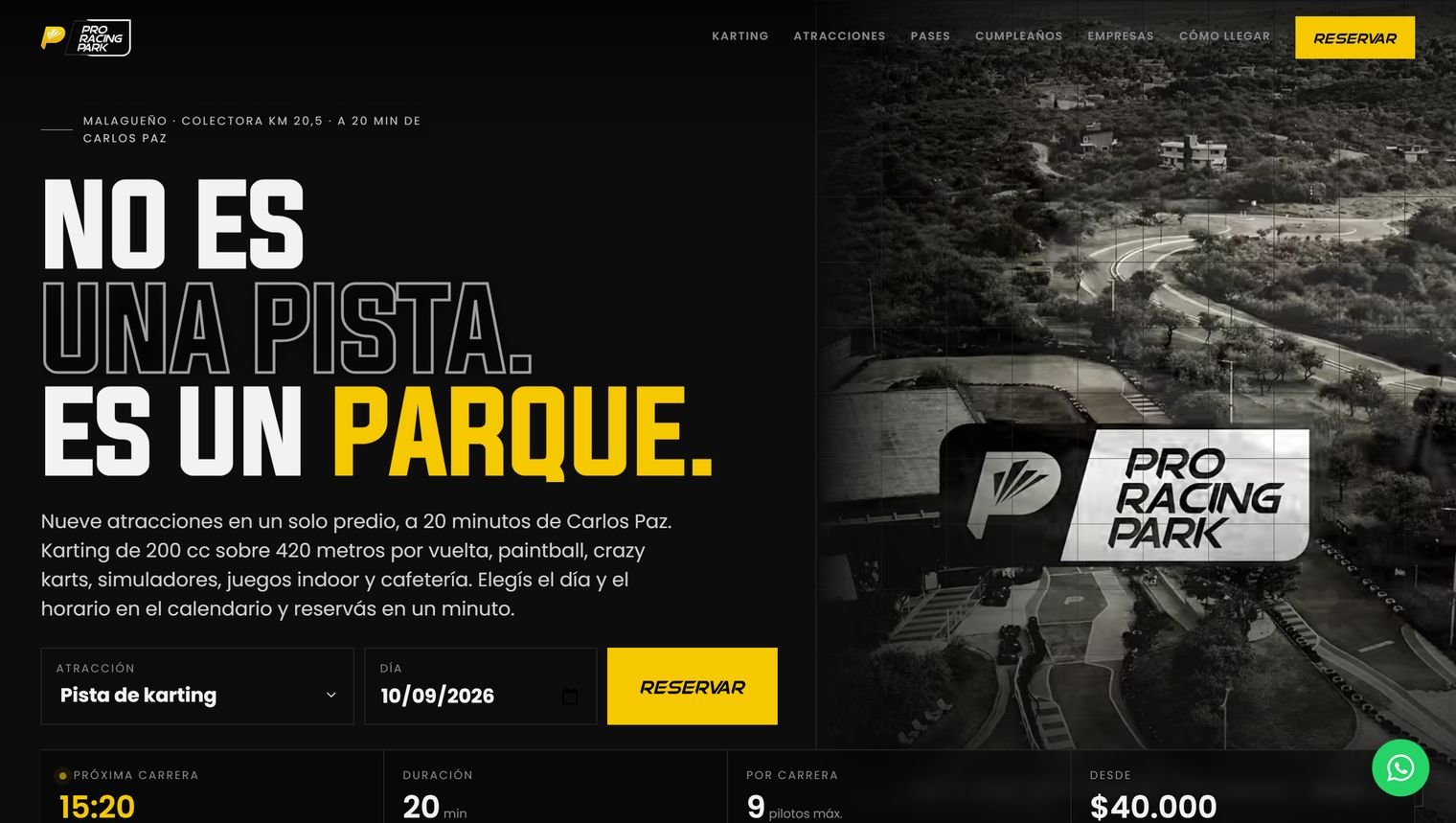 Portada del sitio de Pro Racing Park: buscador de reserva por atracción y día, con la hora de la próxima carrera, la duración, el cupo por carrera y el precio desde.